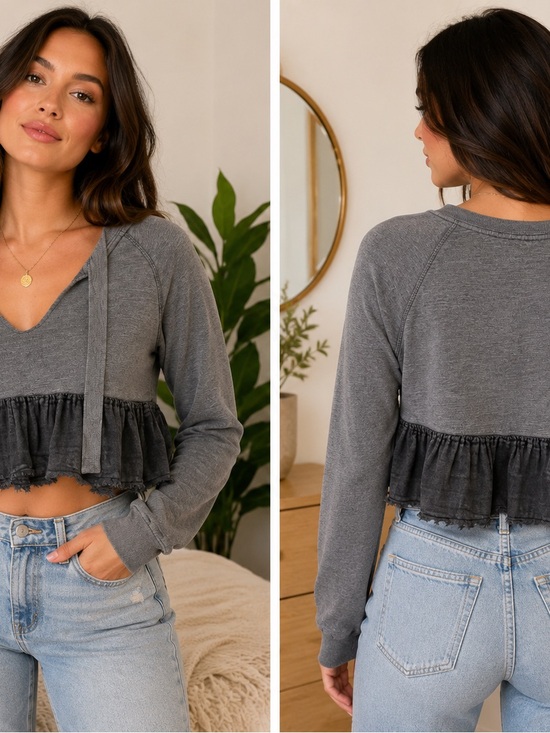 Free People Tops - Free People Women's Gray Ruffled Cropped Top